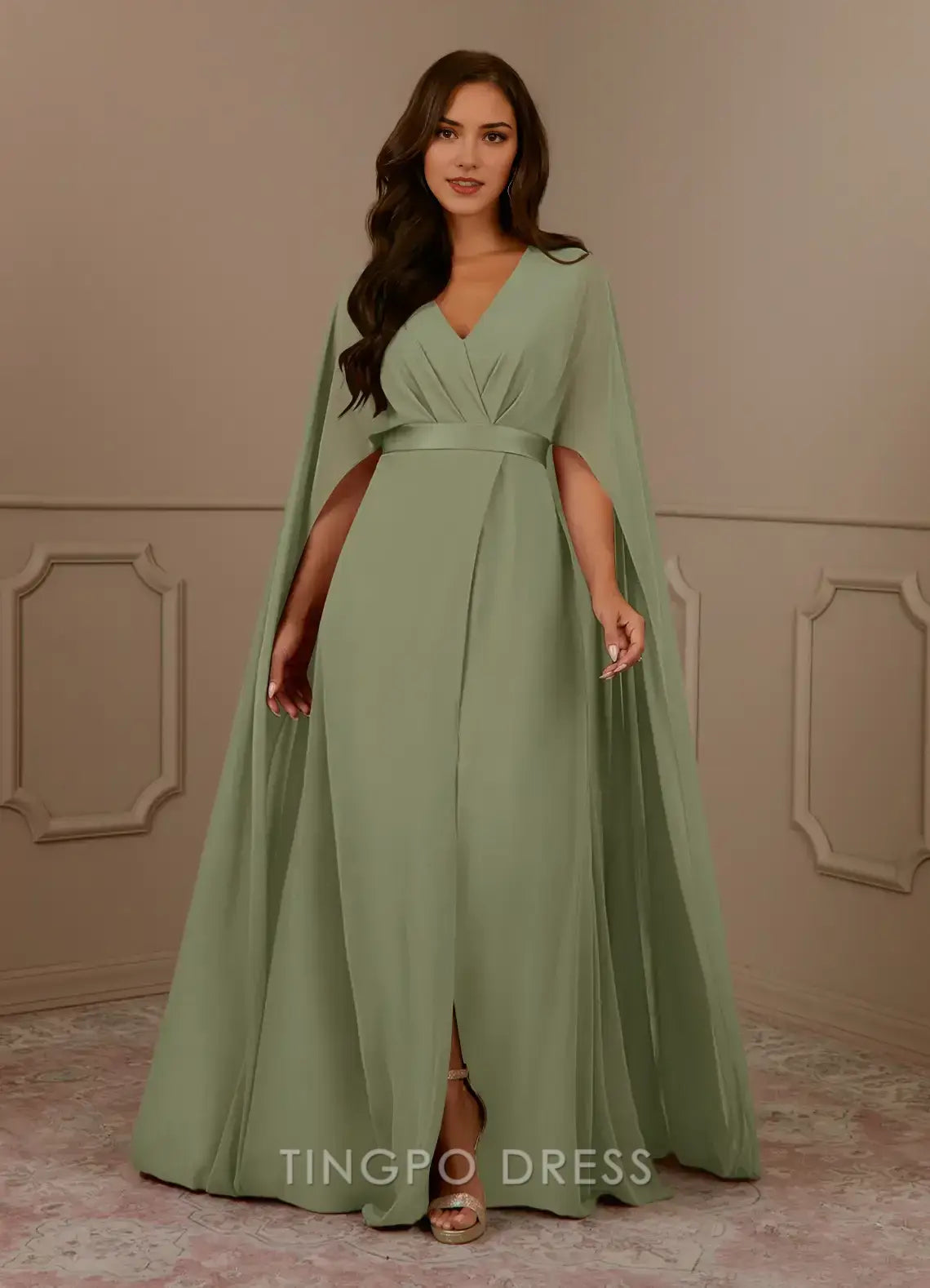 TingPo Wholesale Elegant V - Neck Chiffon Maxi Dress with Cape Sleeves and Waist Belt for Formal Occasions